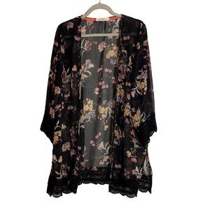 Rewind Kimono Shawl Wrap Black Floral Boho Black Lace Fringe Feminine XL